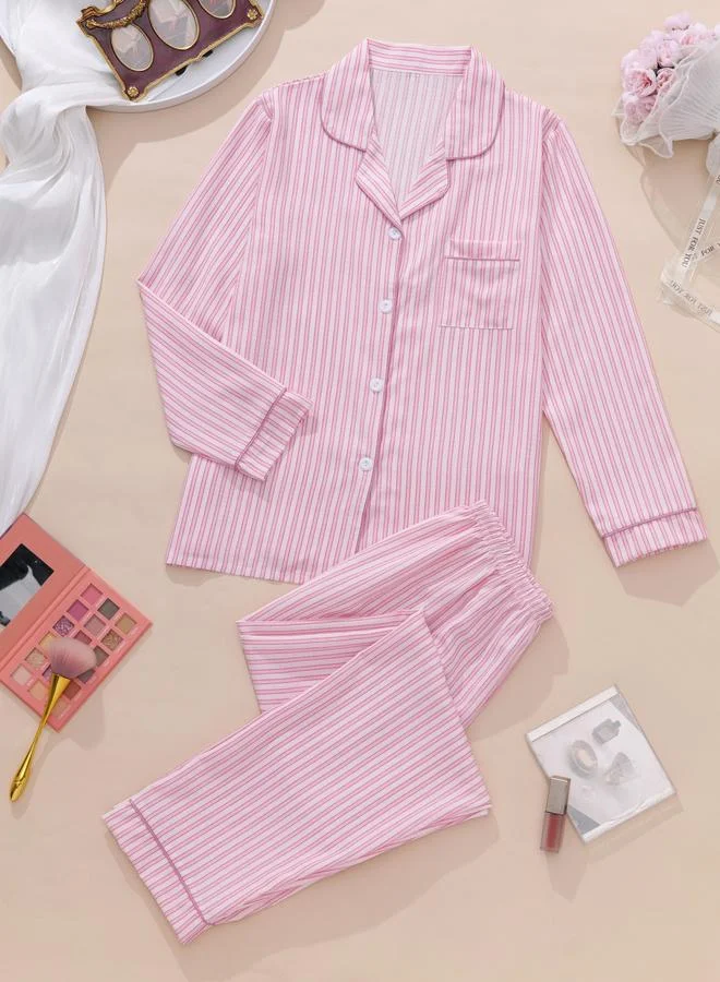 تايك تو طقم قميص وبنطال بيجاما مقلم وردي للنساء